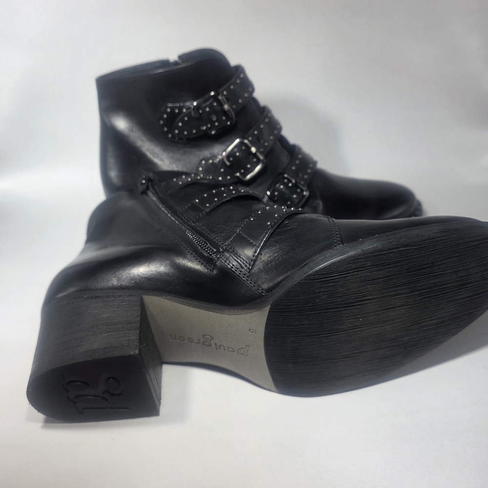 Paul Green Women’s Black Leather Studded Buckle Ankle Boots Size 5 Block Heel - Picture 5 of 6
